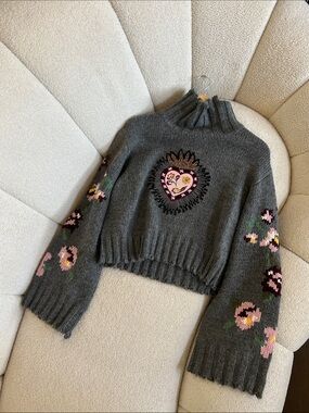 cinq a sept Charcoal Cropped Turtleneck Sweater with Pink Floral Heart